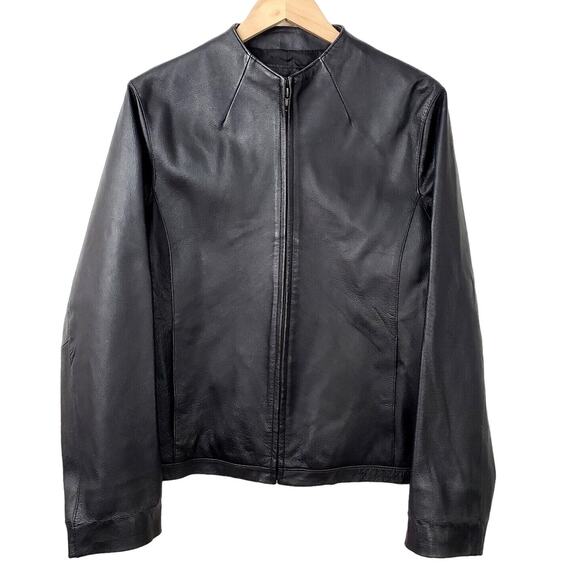 90s Y2K Black Leather Racing Women Jacket 12 L Modern Sleek Minimalist Classic - Picture 1 of 8